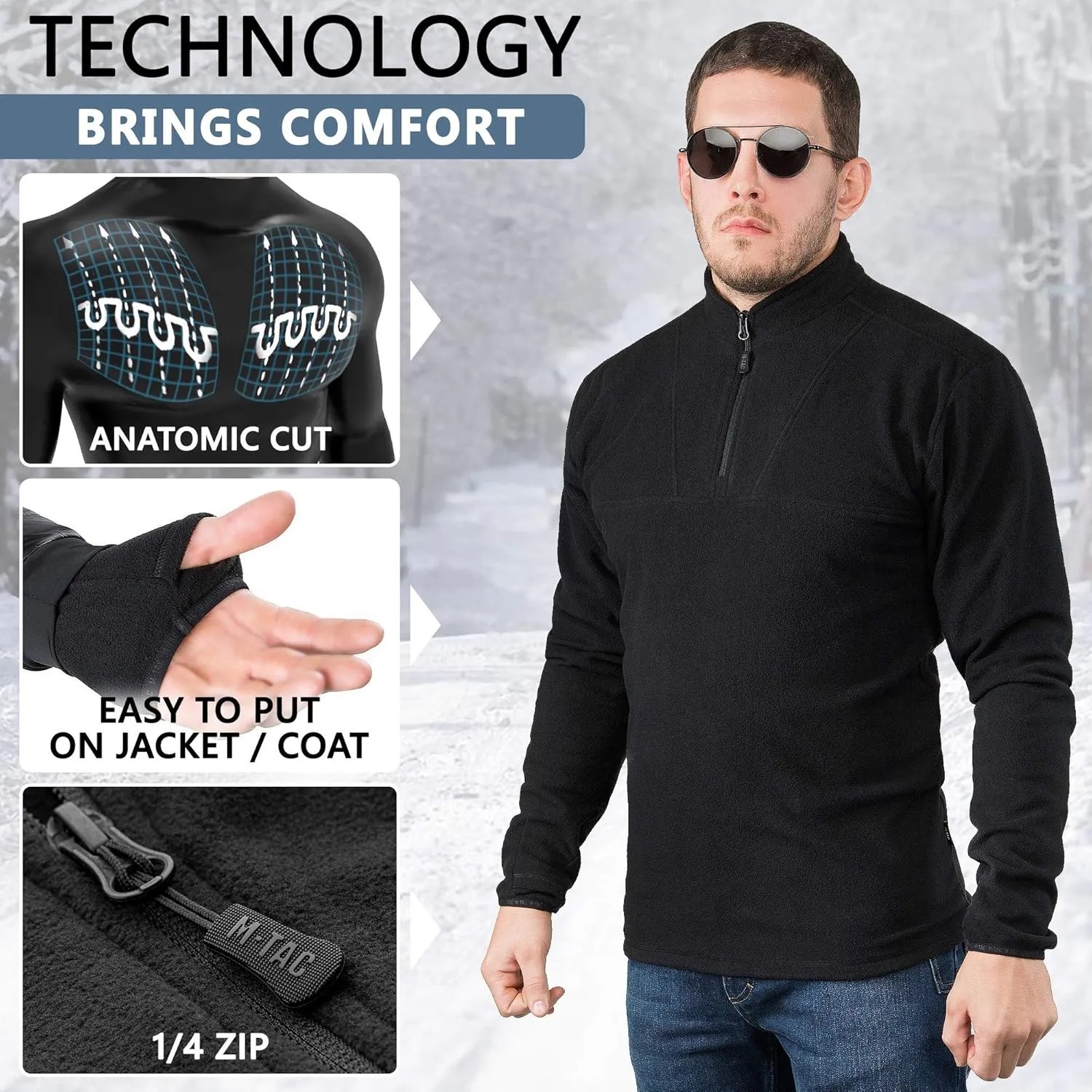 M-Tac Quarter Zip Pullover Men - Fleece Lined Thermal Shirt for Men - Lightweight Tactical Long Sleeve Shirt Top Delta