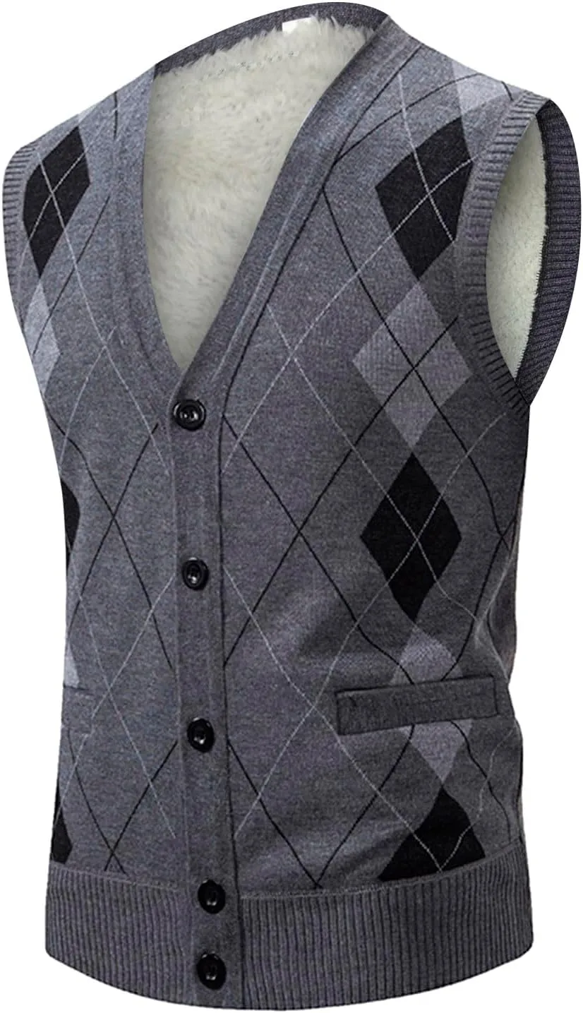 Men's Argyle Vest Sweater Sherpa Fleece Lined Sweater Sleeveless V Neck Knitted Button Down Sweater Casual Tops