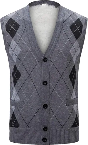 Men's Argyle Vest Sweater Sherpa Fleece Lined Sweater Sleeveless V Neck Knitted Button Down Sweater Casual Tops