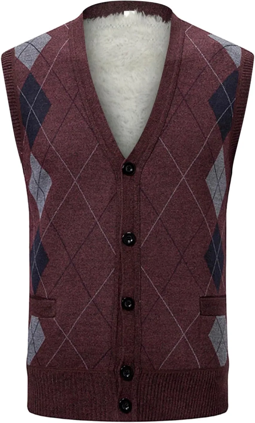 Men's Argyle Vest Sweater Sherpa Fleece Lined Sweater Sleeveless V Neck Knitted Button Down Sweater Casual Tops