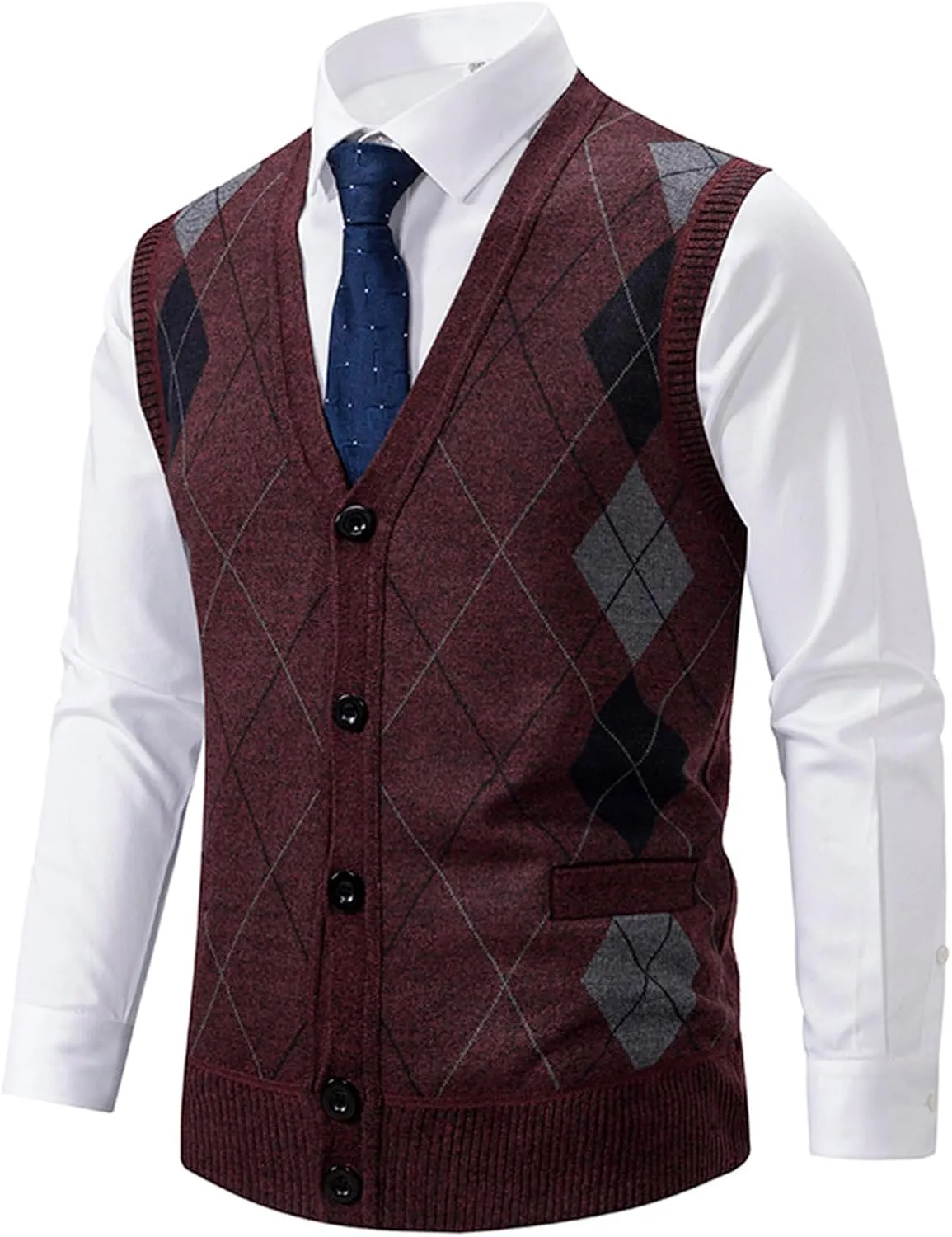 Men's Argyle Vest Sweater Sherpa Fleece Lined Sweater Sleeveless V Neck Knitted Button Down Sweater Casual Tops