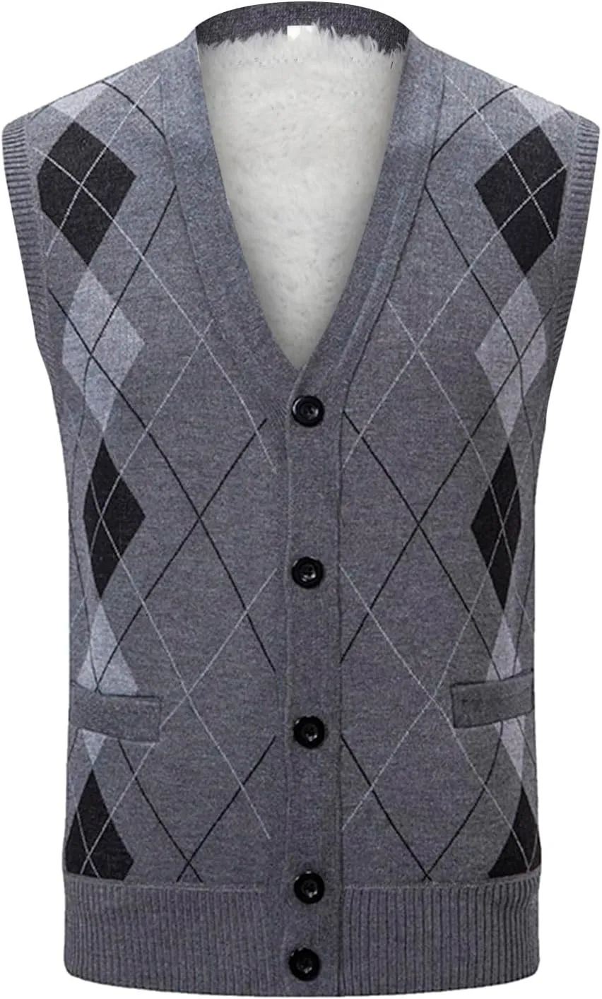 Men's Argyle Vest Sweater Sherpa Fleece Lined Sweater Sleeveless V Neck Knitted Button Down Sweater Casual Tops