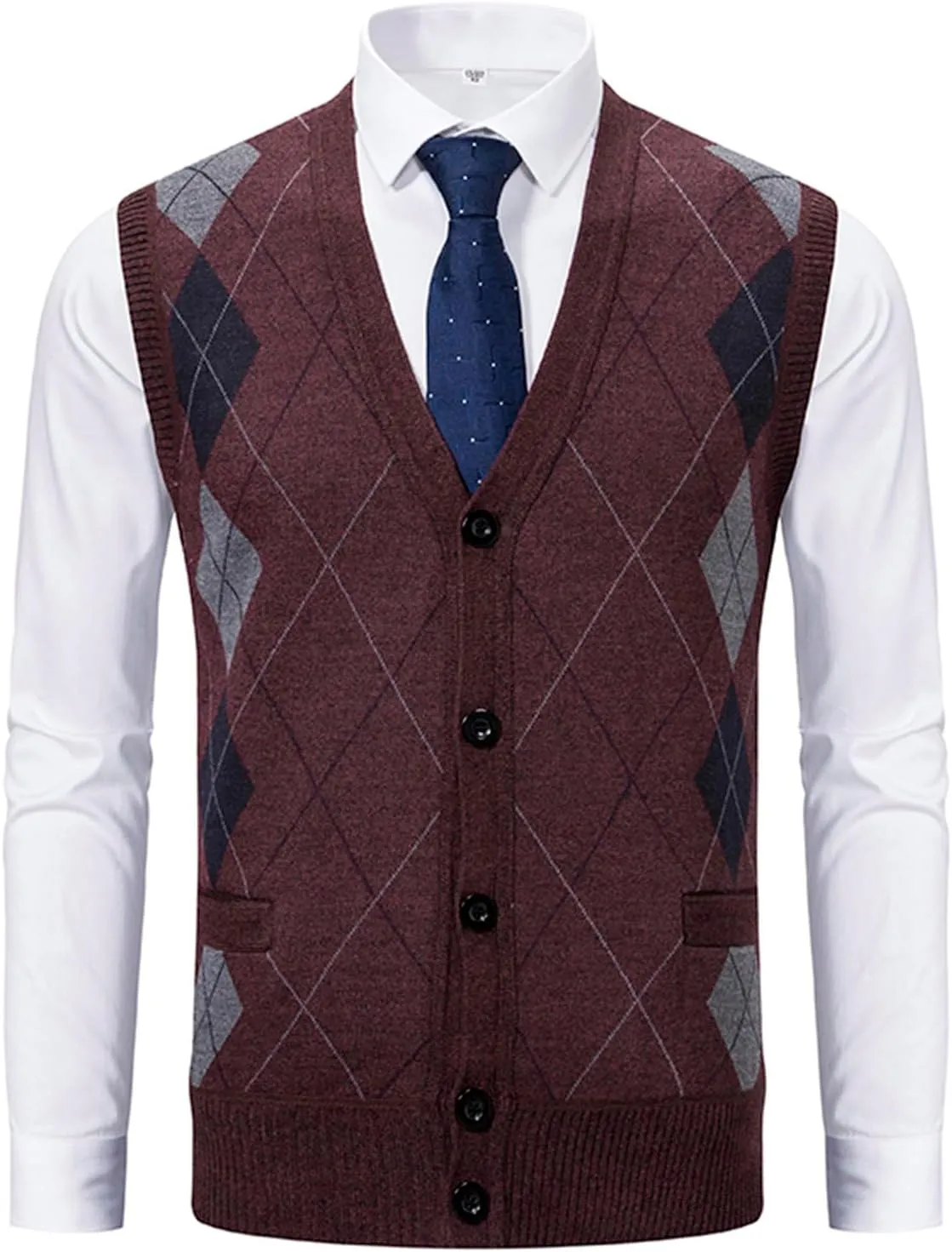 Men's Argyle Vest Sweater Sherpa Fleece Lined Sweater Sleeveless V Neck Knitted Button Down Sweater Casual Tops