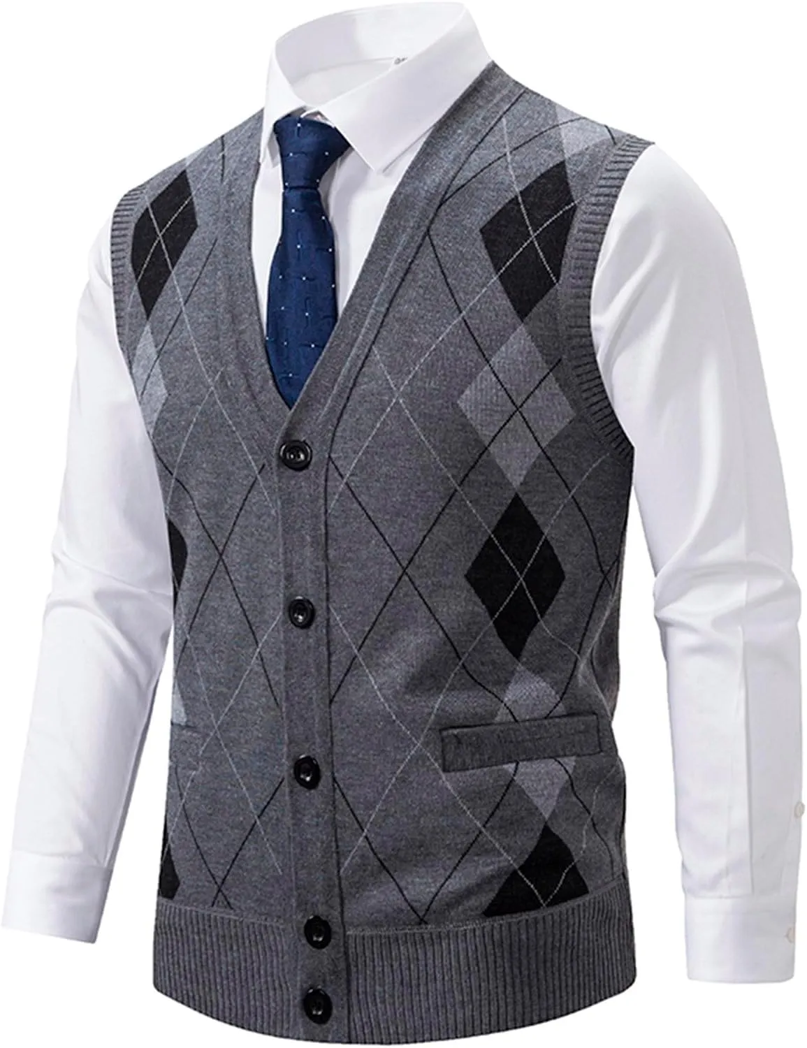 Men's Argyle Vest Sweater Sherpa Fleece Lined Sweater Sleeveless V Neck Knitted Button Down Sweater Casual Tops