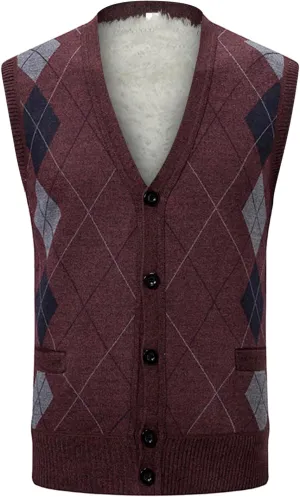 Men's Argyle Vest Sweater Sherpa Fleece Lined Sweater Sleeveless V Neck Knitted Button Down Sweater Casual Tops