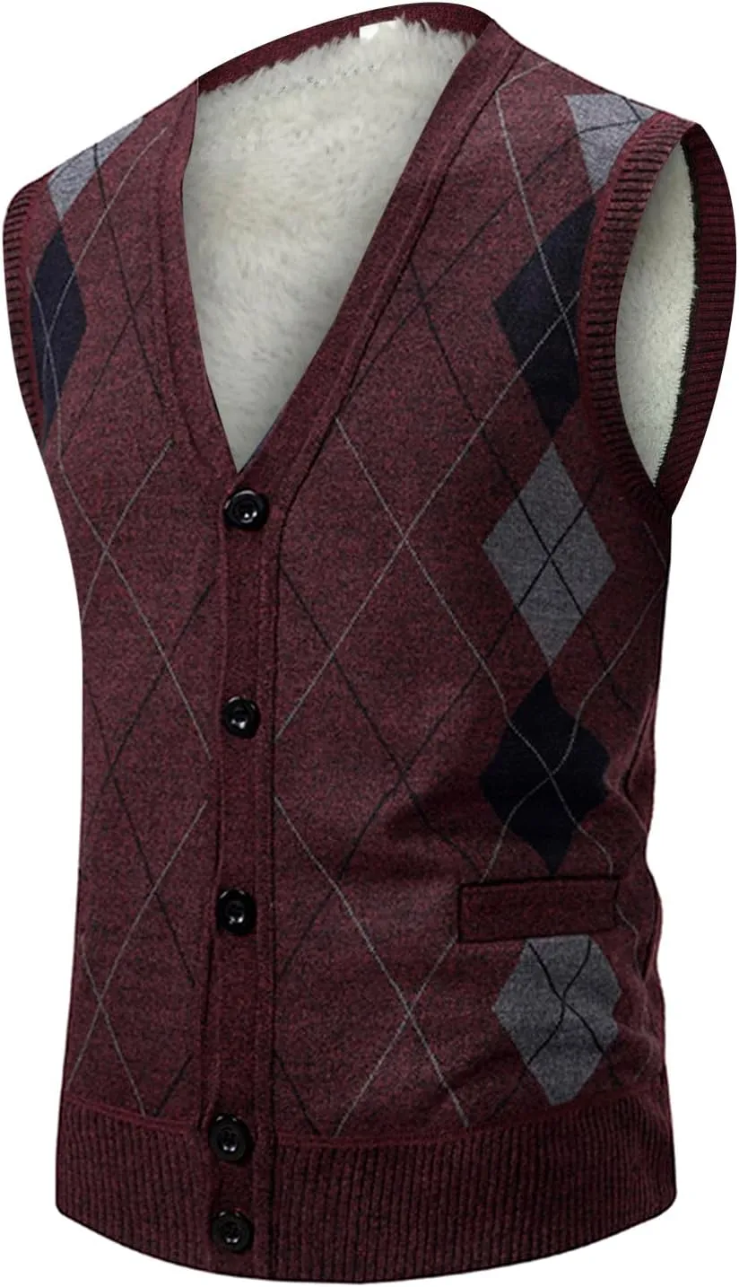 Men's Argyle Vest Sweater Sherpa Fleece Lined Sweater Sleeveless V Neck Knitted Button Down Sweater Casual Tops