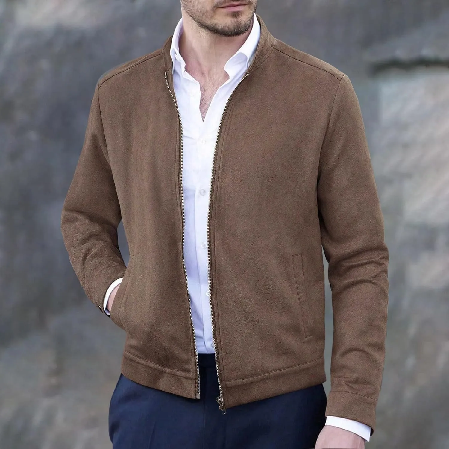 Men's Casual Varsity Jacket Vintage Lightweight Suede Bomber Jackets for Men Leather Baseball Bomber Jacket
