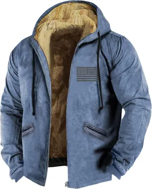 Mens Coat Sherpa Fleece Lined Hoodies Full Zipper Coats Winter Warm Jackets Vintage Printed Outwear