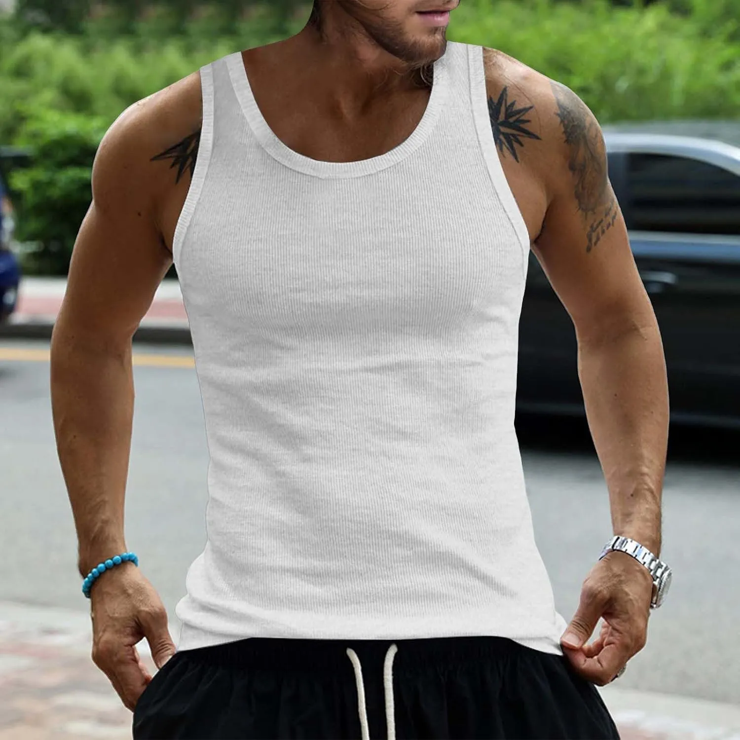Men's Cotton Tank Tops Athletic Moisture Wicking Muscle Cut Off Shirt Bodybuilding Gym Workout Sleeveless Shirts