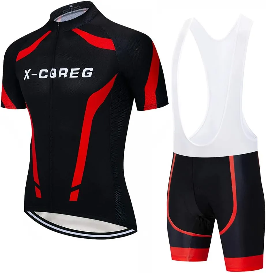 Men's Cycling Jersey Set 12D Padded Short Sleeve Biking Shirts Bike Clothing Men Bicycle Jacket Suit with Pockets Breathable (Medium) Red