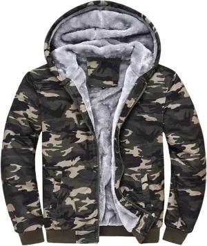 Men's Fleece Lined Camo Hooded Jacket Winter Windproof Hooded Coat Winter Warm Thick Heavyweight Sweatershirts