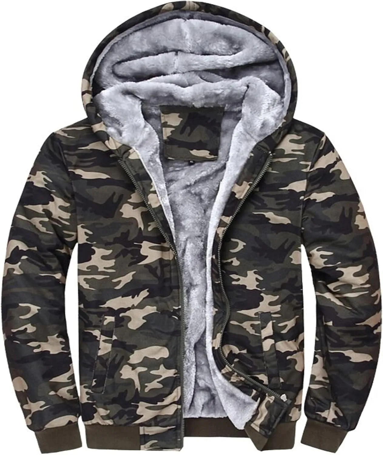 Men's Fleece Lined Camo Hooded Jacket Winter Windproof Hooded Coat Winter Warm Thick Heavyweight Sweatershirts