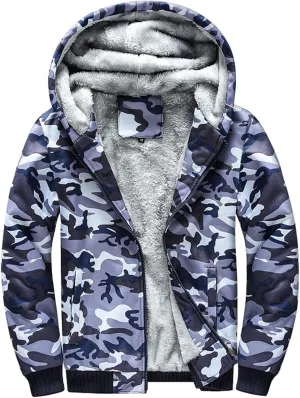 Men's Fleece Lined Camo Hooded Jacket Winter Windproof Hooded Coat Winter Warm Thick Heavyweight Sweatershirts