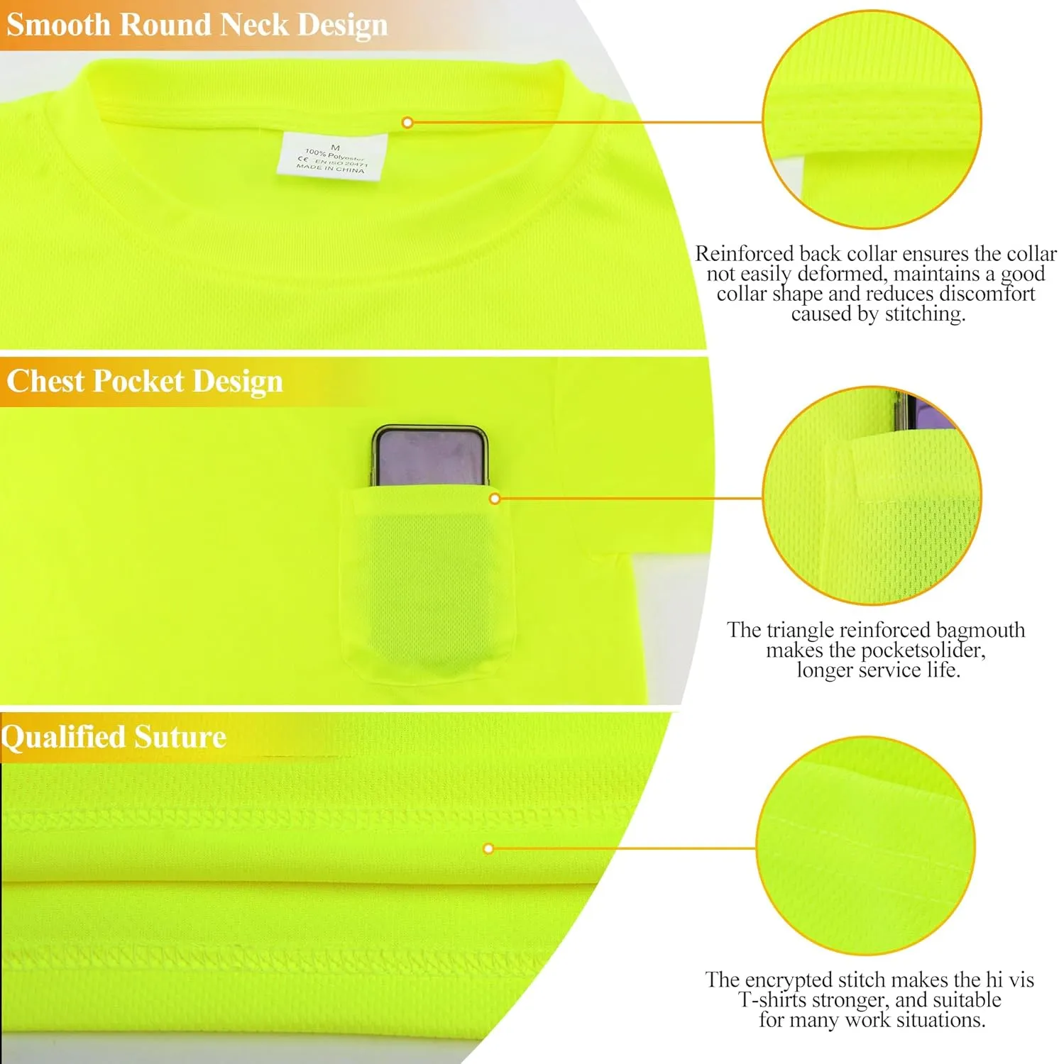Mens’ High Visibility Safety Short Sleeve T-Shirt with Pocket Moisture Wicking Shirts,Multipack