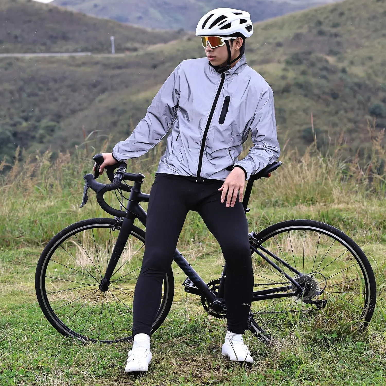 Men's Reflective Cycling Jacket Breathable Bike Rain Jacket Wind Coat with Hood, Night Running Jacket