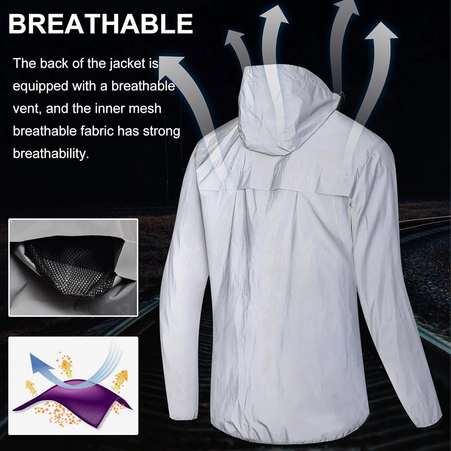Men's Reflective Cycling Jacket Breathable Bike Rain Jacket Wind Coat with Hood, Night Running Jacket