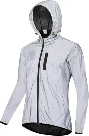 Men's Reflective Cycling Jacket Breathable Bike Rain Jacket Wind Coat with Hood, Night Running Jacket