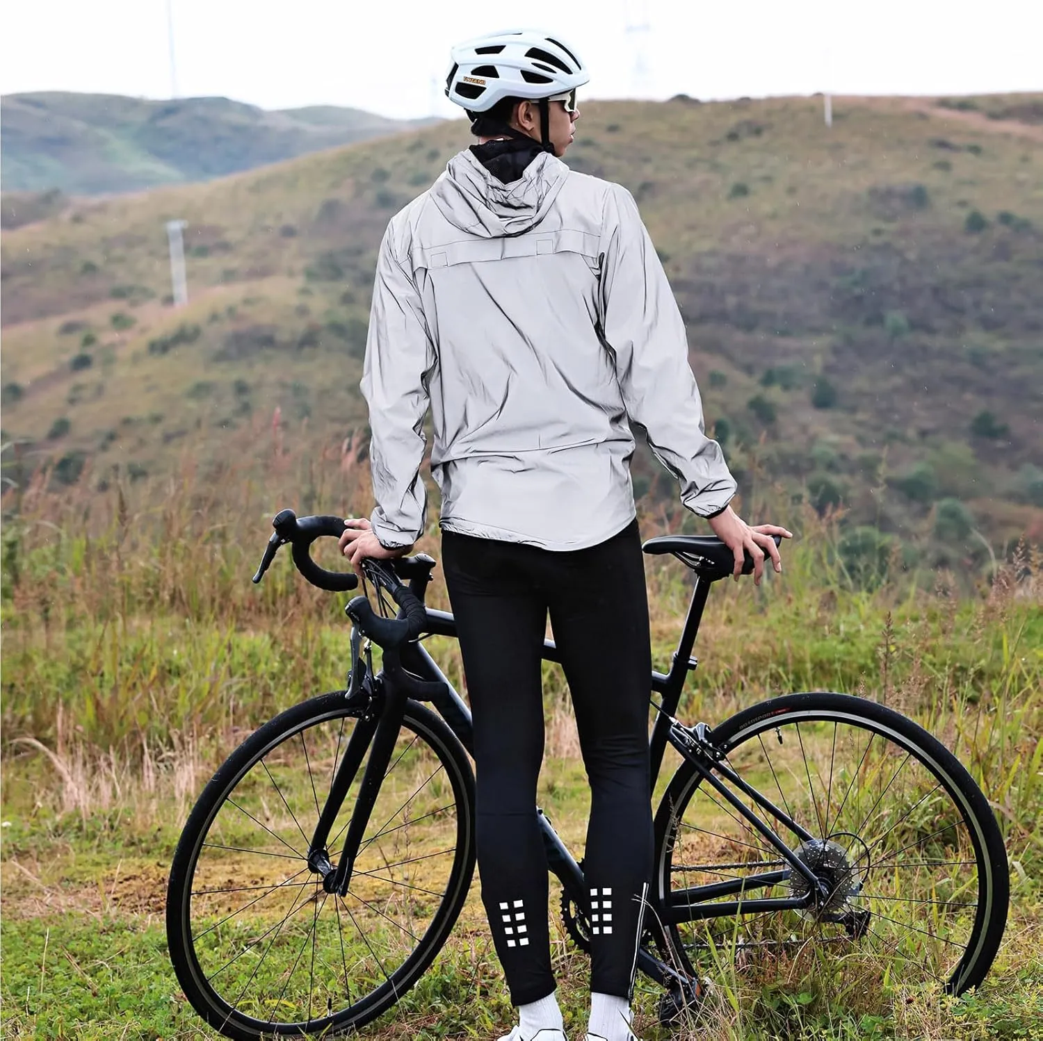 Men's Reflective Cycling Jacket Breathable Bike Rain Jacket Wind Coat with Hood, Night Running Jacket