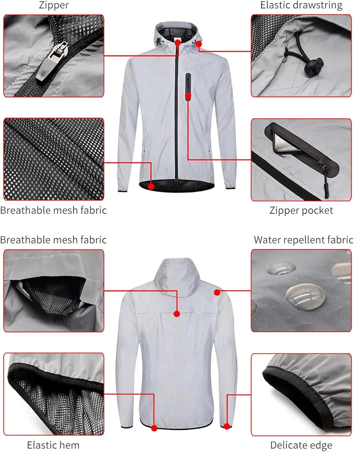 Men's Reflective Cycling Jacket Breathable Bike Rain Jacket Wind Coat with Hood, Night Running Jacket