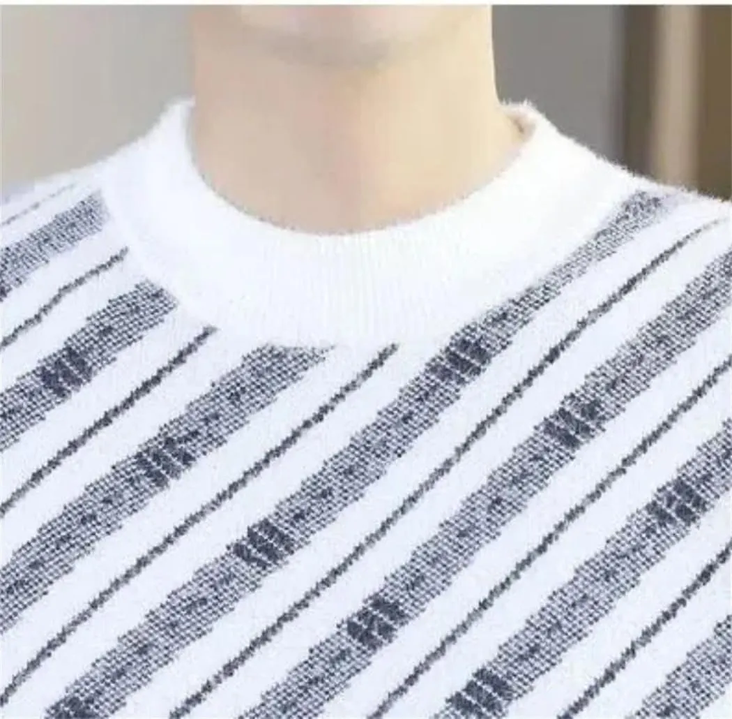 Mens Spring Autumn Spliced Striped Pullover O-Neck Slim Knit Tops Long Sleeve Casual Ash Versatile Fashion Wear