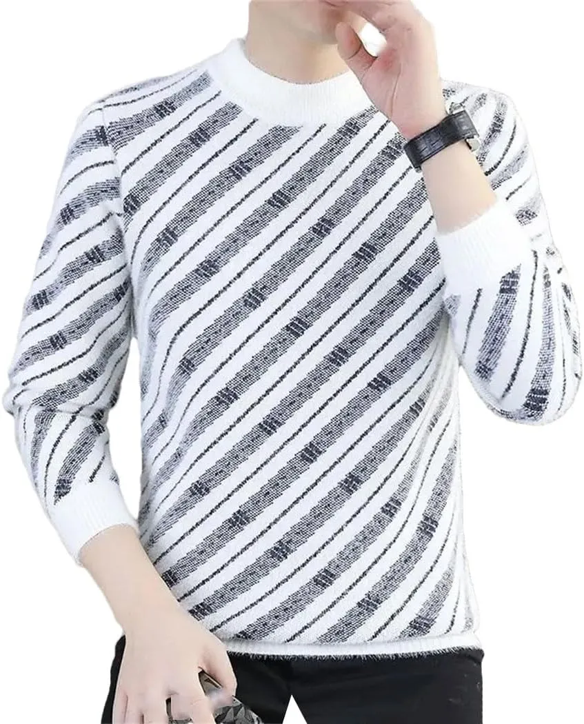 Mens Spring Autumn Spliced Striped Pullover O-Neck Slim Knit Tops Long Sleeve Casual Ash Versatile Fashion Wear