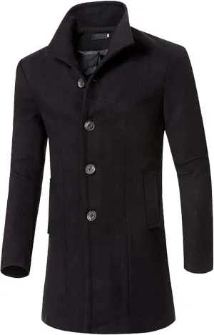 Men's Wool Blend Coat Windbreakers Winter Notched Collar Single Breasted Pea Coat Trench Overcoat Windproof