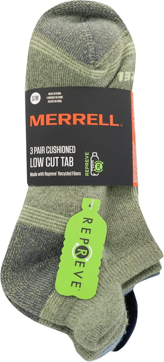 Merrell Men's and Women's Recycled Everyday Low Cut Tab Socks 3 Pair Pack - Repreve Arch Support Band and Breathable Mesh