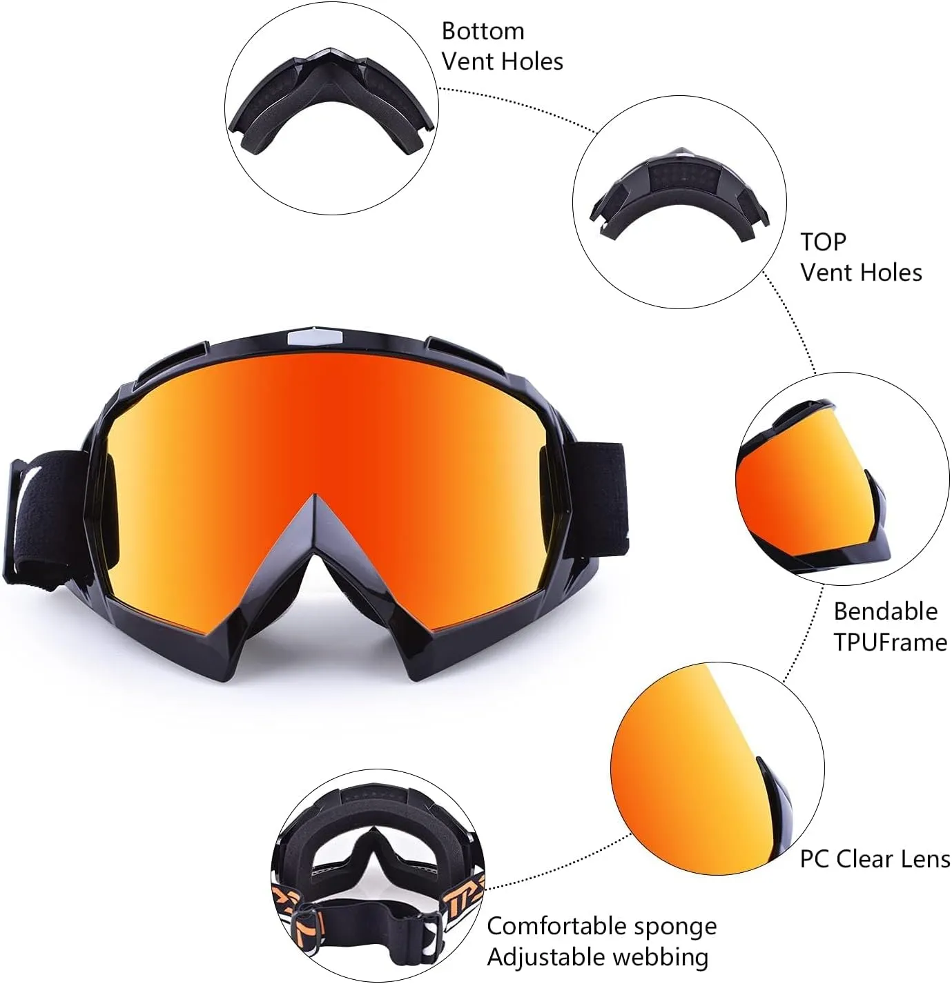 Motorcycle Goggles Motocross Goggles Dirtbike Goggle Riding Goggle ATV Offroad Goggles OTG MX Goggles UV Protection