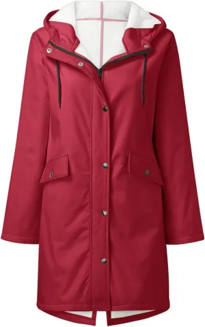 NATHGAM Women's Fleece Lined Raincoat Waterproof with Hooded Winter Comfy Soft Trench Coat Lithe Outdoor Windbreaker Jacket