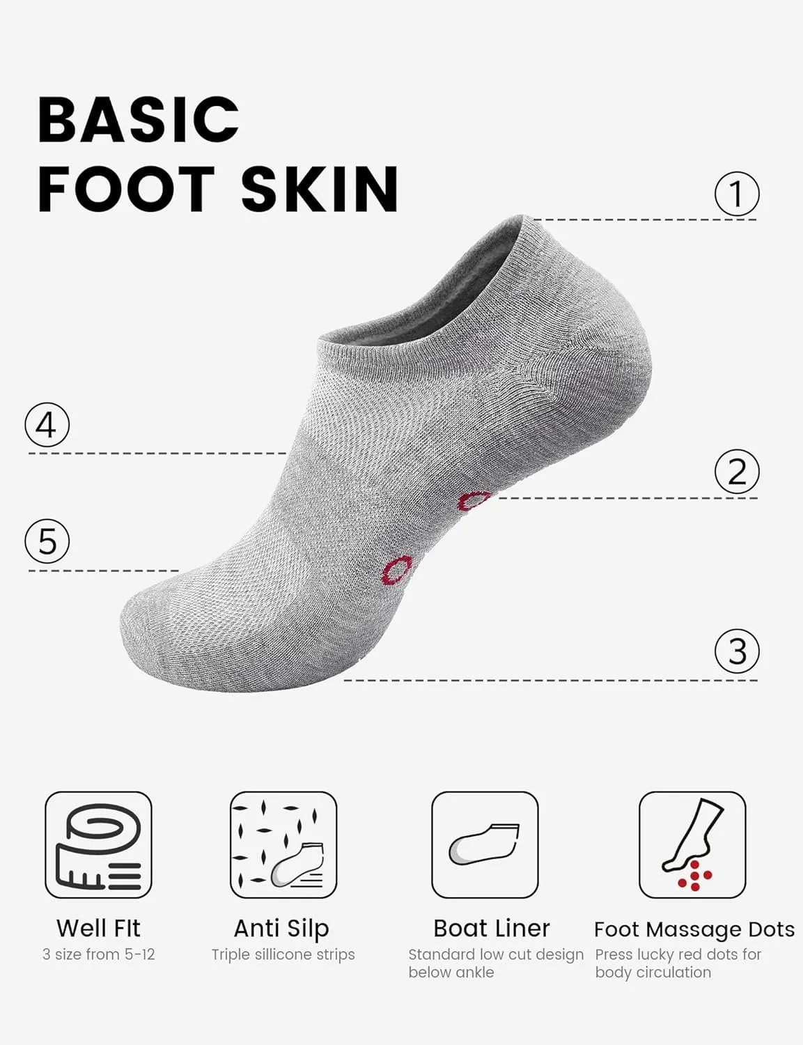 No Show Socks Non Slip 9 Pack Foot Massage Points Low Cut Fashion Liner Grey US 5-12