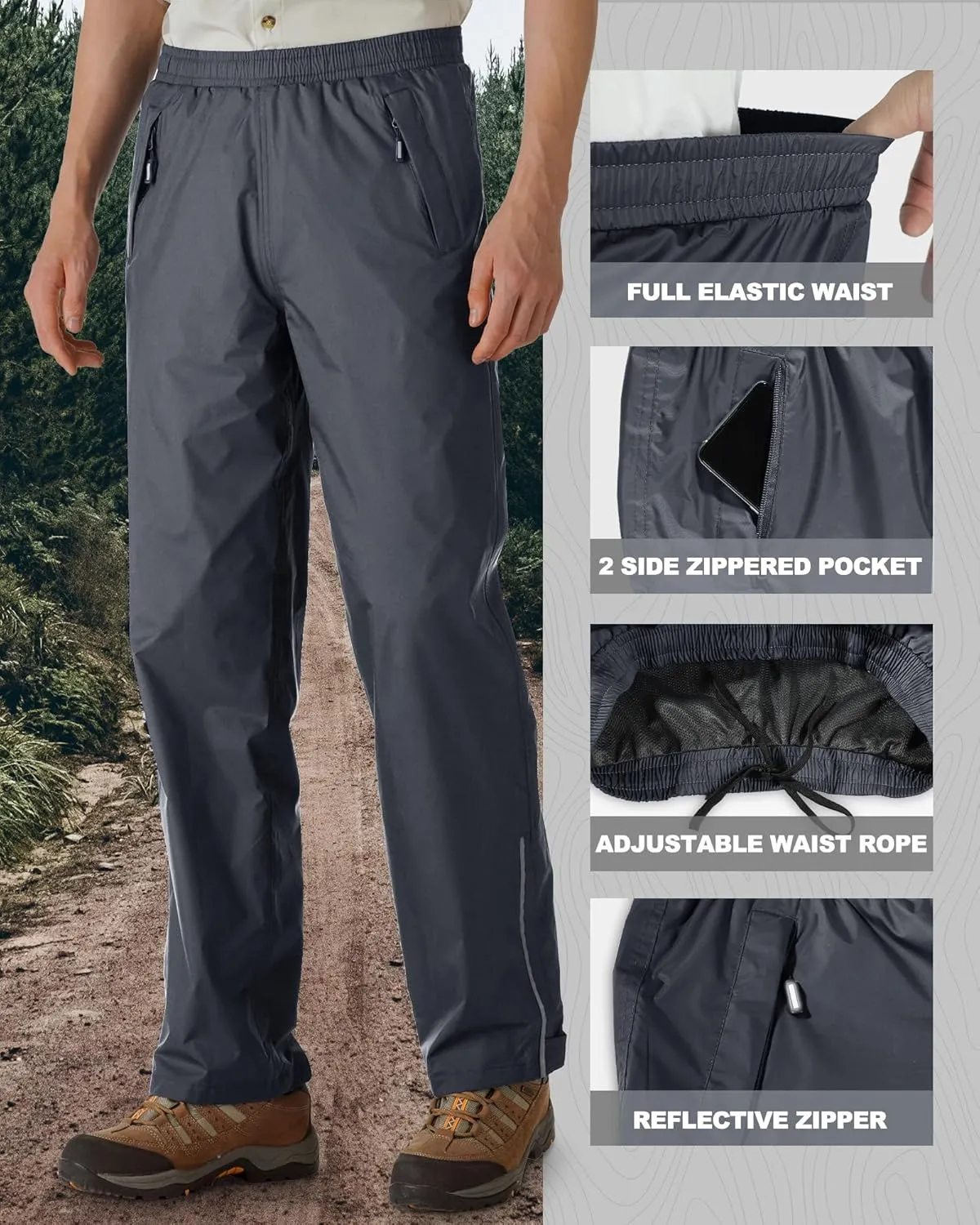 Outdoor Ventures Men's Rain Pants Waterproof Rain Overall Pants Windproof Packable Rain Outdoor Pants for Hiking Fishig Golf