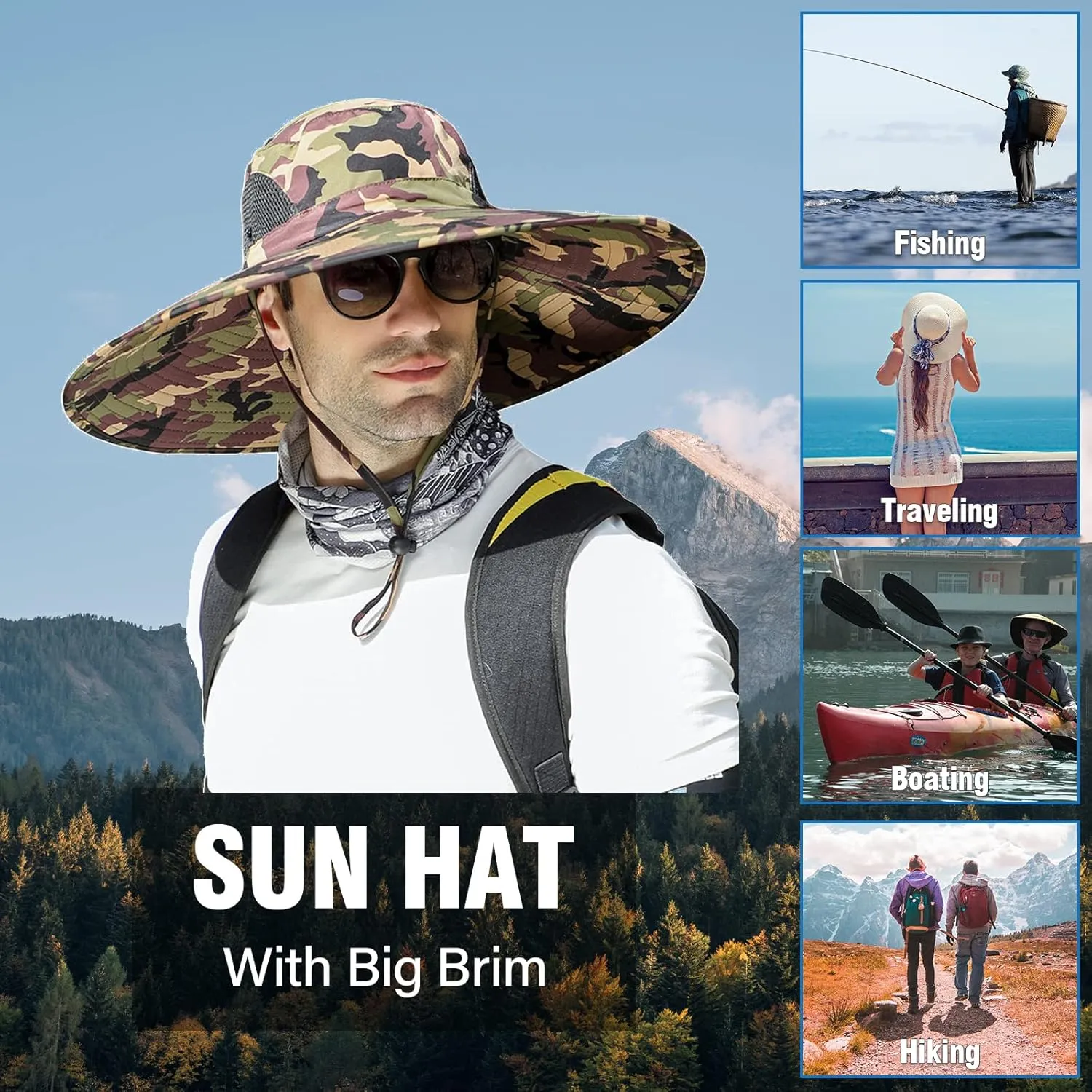 Peicees Super Wide Brim Sun Hat Men Women Fishing Bucket Hat Safari Cowboy Hat