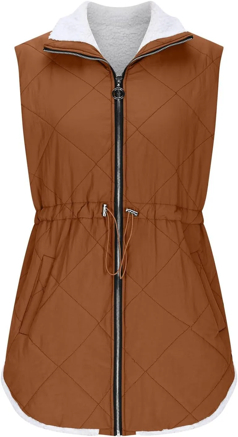 Puffer Vest Women Sleeveless Fleece Lined Zip Up Outwear Stand Collar Winter Warm Padded Down Jacket With Pockets
