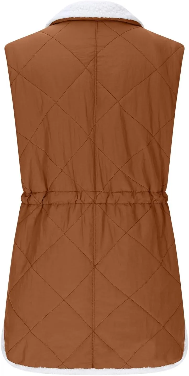 Puffer Vest Women Sleeveless Fleece Lined Zip Up Outwear Stand Collar Winter Warm Padded Down Jacket With Pockets