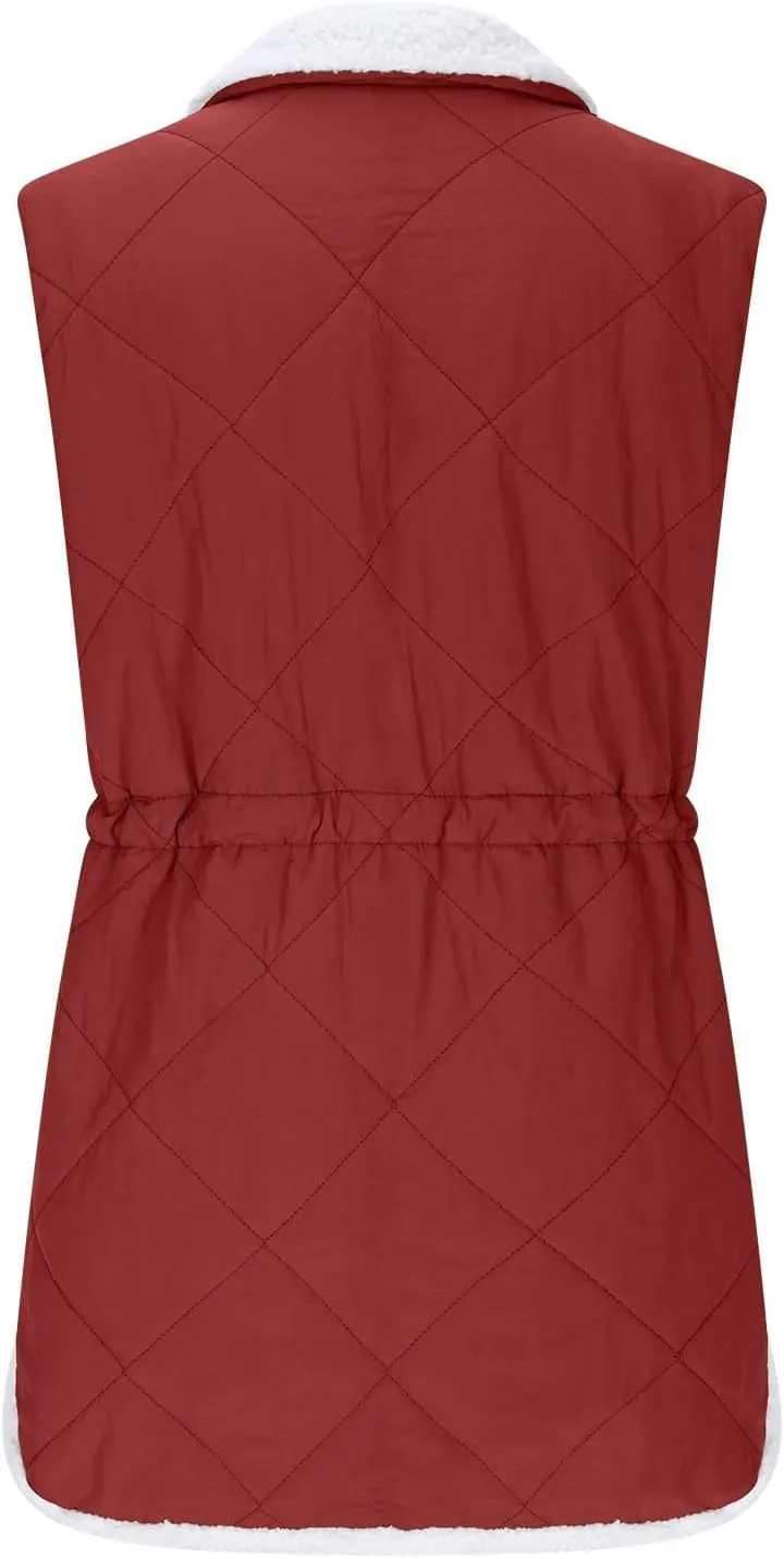 Puffer Vest Women Sleeveless Fleece Lined Zip Up Outwear Stand Collar Winter Warm Padded Down Jacket With Pockets