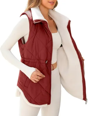 Puffer Vest Women Sleeveless Fleece Lined Zip Up Outwear Stand Collar Winter Warm Padded Down Jacket With Pockets