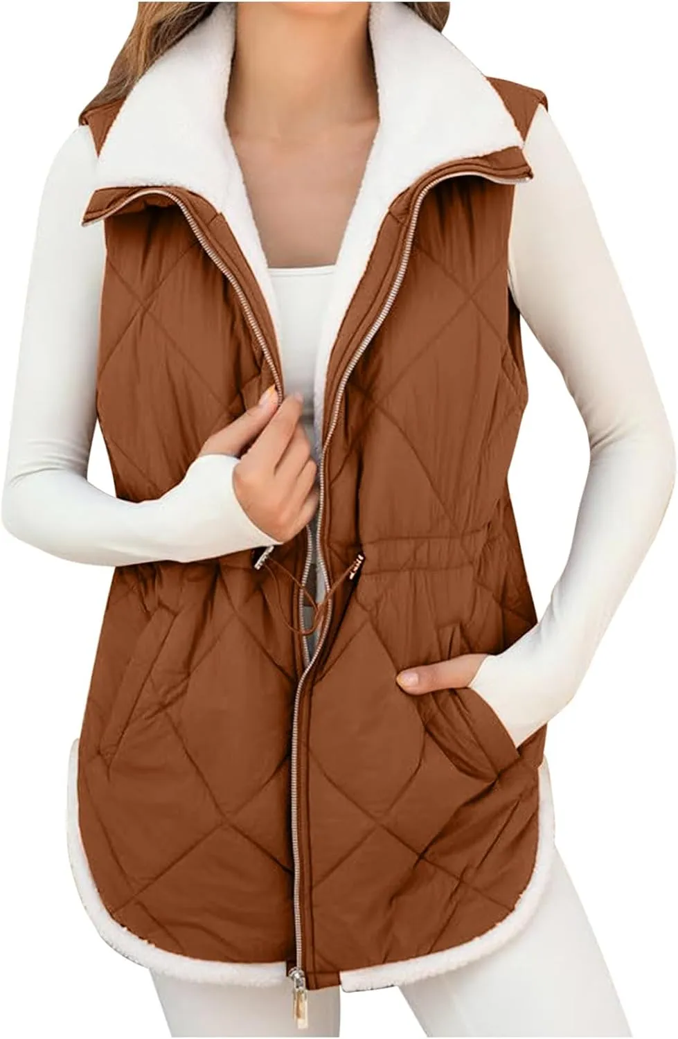 Puffer Vest Women Sleeveless Fleece Lined Zip Up Outwear Stand Collar Winter Warm Padded Down Jacket With Pockets