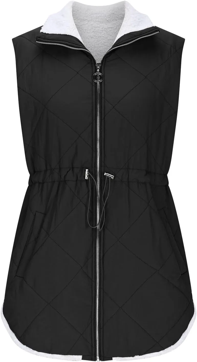 Puffer Vest Women Sleeveless Fleece Lined Zip Up Outwear Stand Collar Winter Warm Padded Down Jacket With Pockets