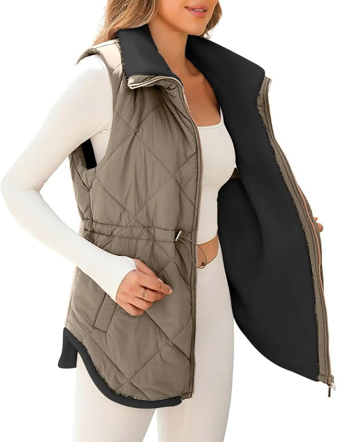 Puffer Vest Women Sleeveless Fleece Lined Zip Up Outwear Stand Collar Winter Warm Padded Down Jacket With Pockets