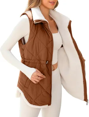 Puffer Vest Women Sleeveless Fleece Lined Zip Up Outwear Stand Collar Winter Warm Padded Down Jacket With Pockets