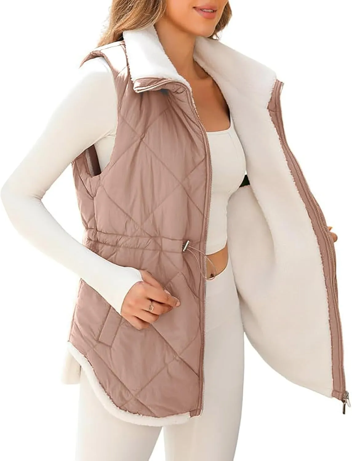 Puffer Vest Women Sleeveless Fleece Lined Zip Up Outwear Stand Collar Winter Warm Padded Down Jacket With Pockets