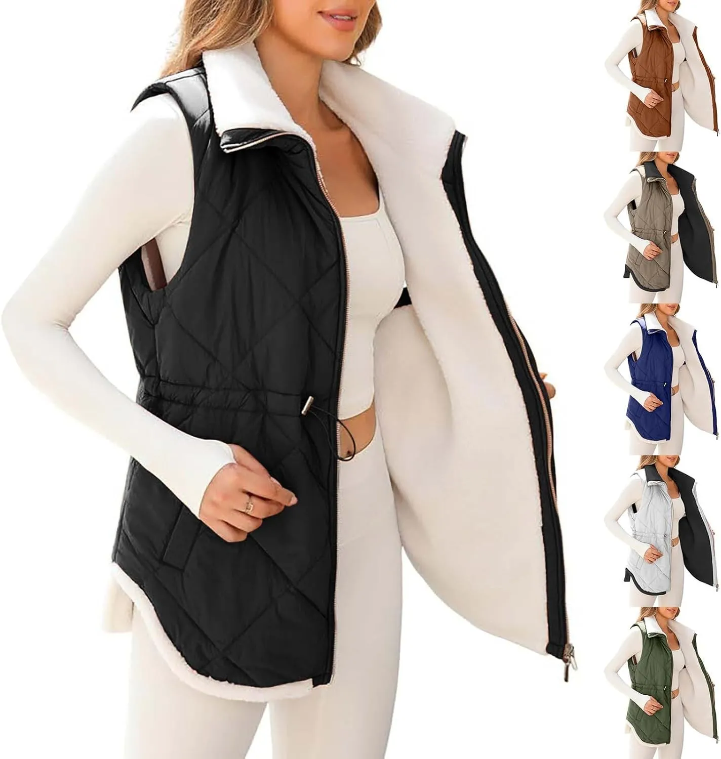 Puffer Vest Women Sleeveless Fleece Lined Zip Up Outwear Stand Collar Winter Warm Padded Down Jacket With Pockets