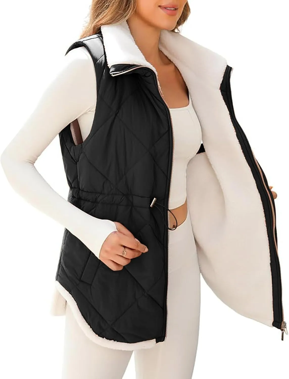 Puffer Vest Women Sleeveless Fleece Lined Zip Up Outwear Stand Collar Winter Warm Padded Down Jacket With Pockets
