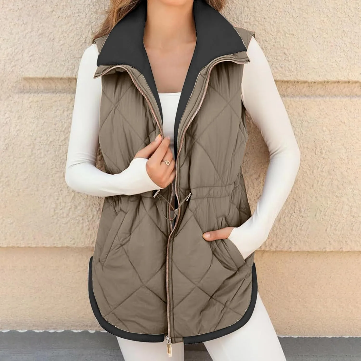 Puffer Vest Women Sleeveless Fleece Lined Zip Up Outwear Stand Collar Winter Warm Padded Down Jacket With Pockets