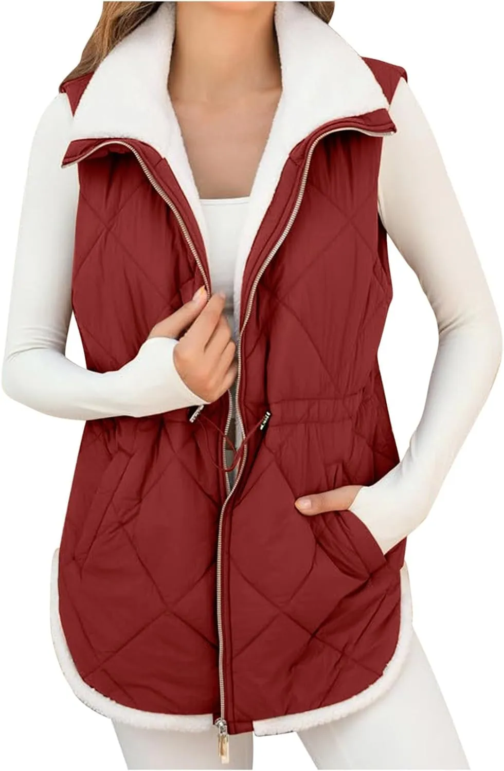 Puffer Vest Women Sleeveless Fleece Lined Zip Up Outwear Stand Collar Winter Warm Padded Down Jacket With Pockets