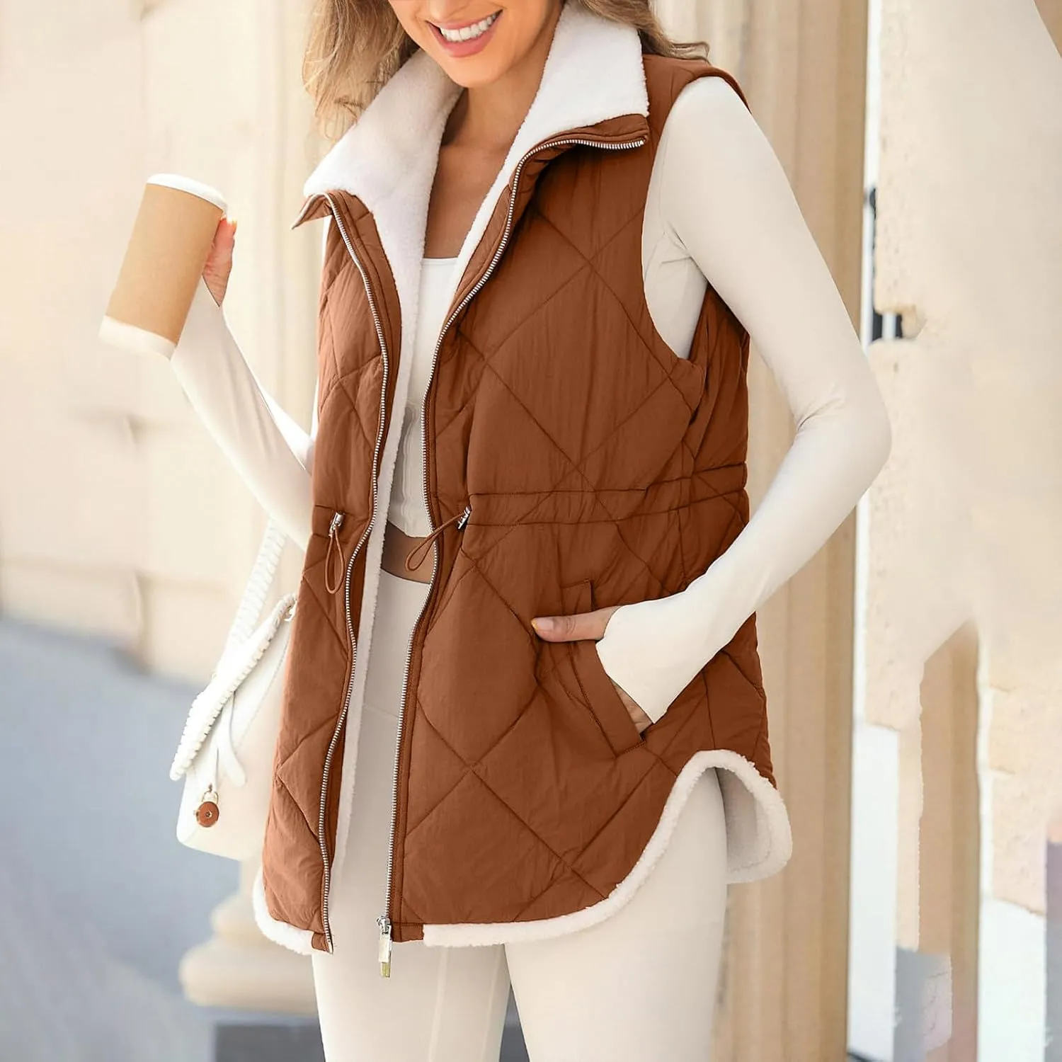 Puffer Vest Women Sleeveless Fleece Lined Zip Up Outwear Stand Collar Winter Warm Padded Down Jacket With Pockets