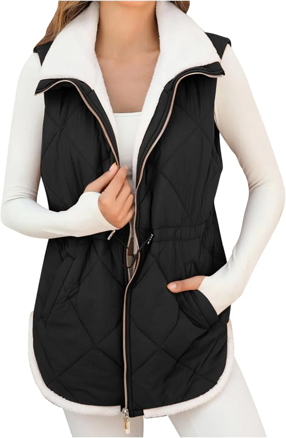 Puffer Vest Women Sleeveless Fleece Lined Zip Up Outwear Stand Collar Winter Warm Padded Down Jacket With Pockets
