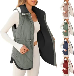 Puffer Vest Women Sleeveless Fleece Lined Zip Up Outwear Stand Collar Winter Warm Padded Down Jacket With Pockets