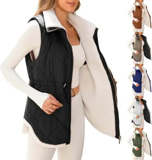 Puffer Vest Women Sleeveless Fleece Lined Zip Up Outwear Stand Collar Winter Warm Padded Down Jacket With Pockets