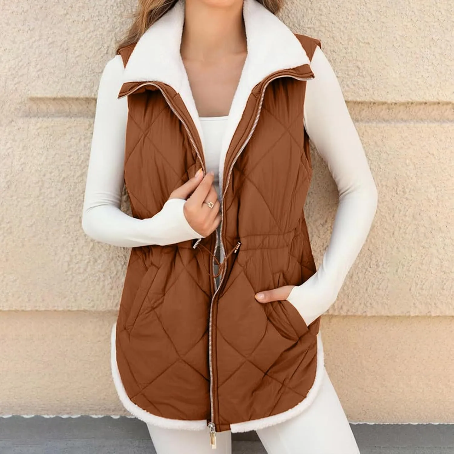 Puffer Vest Women Sleeveless Fleece Lined Zip Up Outwear Stand Collar Winter Warm Padded Down Jacket With Pockets